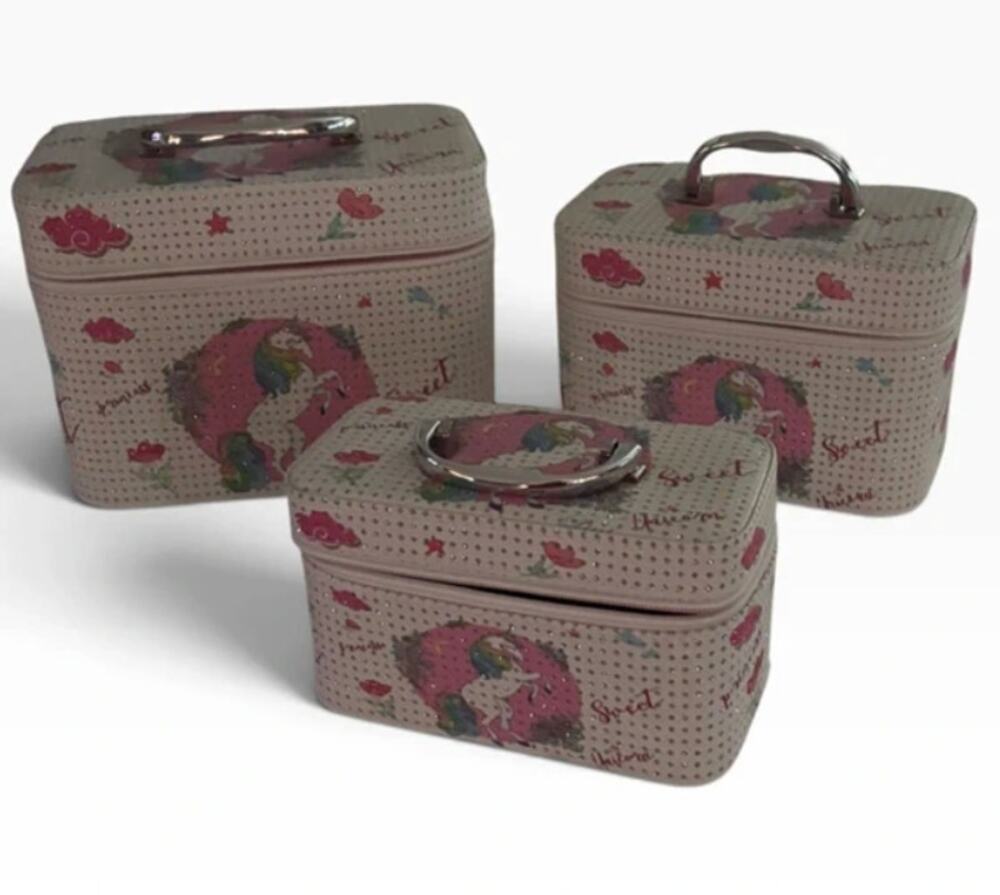 3pc Makeup Box Travel Storage PU Leather Mirror Sturdy Zipper